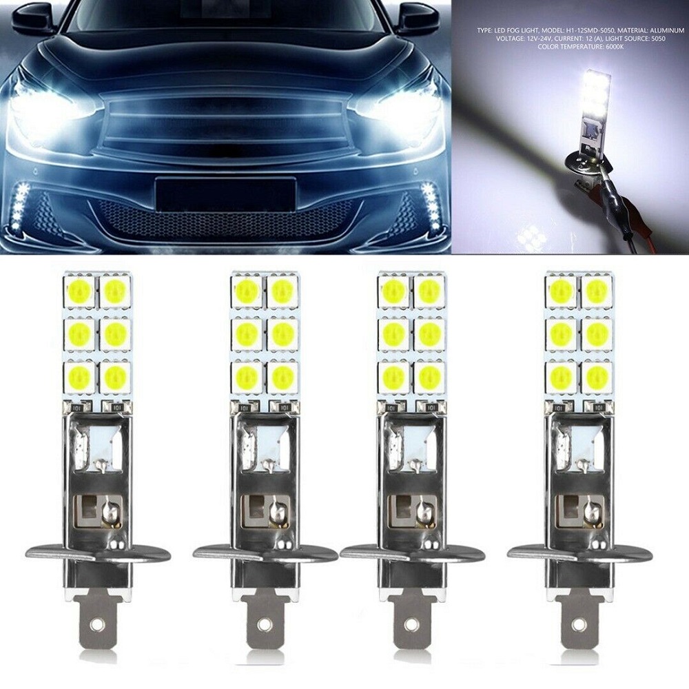 【TERSEDIA &amp; COD】4pcs Bola Lampu 12-led H1 6000k 55w Smd-5050 Warna Putih Untuk Depan Mobil