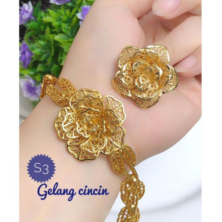 (NOV) PROMO Set Perhiasan Lapis Emas Xuping Gelang Cincin Bunga Mawar Permata Gold Mewah Titanium