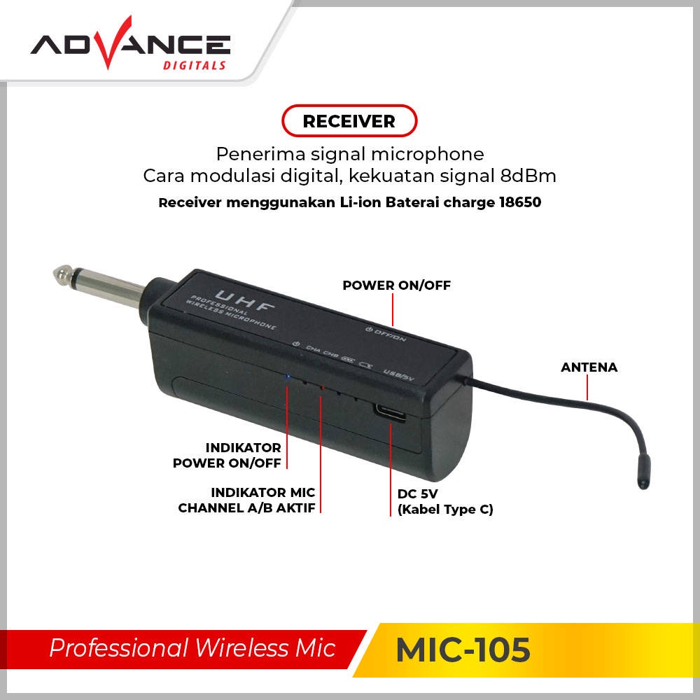 【READY STOCK】 Advance Professional Wireless Microphone Single Mikropon MIC-105 Garansi Resmi Advance 1 Tahun