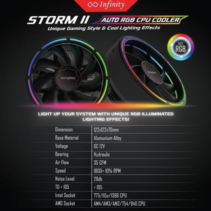 Infinity Storm II CPU COOLER INTEL AMD Fan Processor RGB