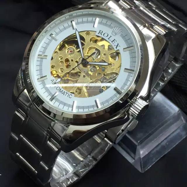 Jam Tangan Pria Analog Otomatis Skeleton Rolex Big Chain Balok