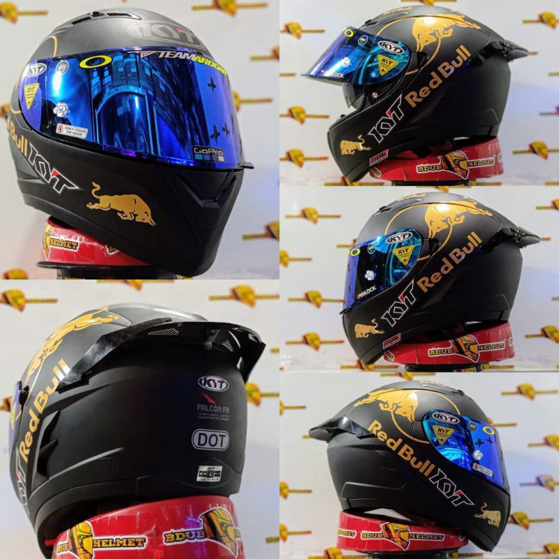 Helm kyt falcon black doff paket ganteng costum Red BuLL-BK DOFF/RedBULL/BLUE