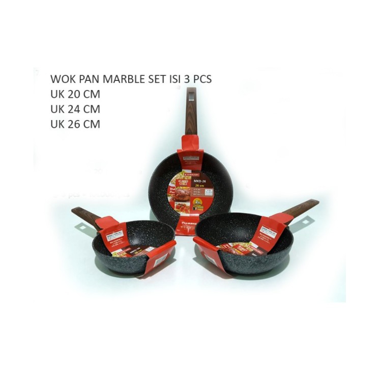 Yoshikawa Wok Pan Marble Set Isi 3 Pcs Ukuran 20Cm - 24 Cm - 26 Cm