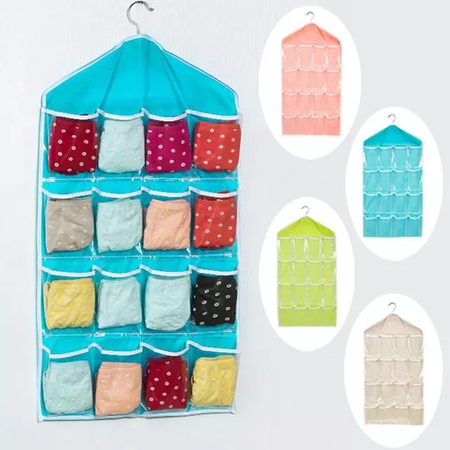 Gantungan 16 Kantong Lipat Lemari Gantung Tas Penyimpanan Kaus Kaki Celana Sepatu Celana Pakaian Hanger Closet Organizer Tas - Korean Underware Pouch