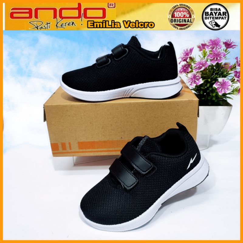 ANDO Sepatu Sekolah Anak Laki Perempuan Kecil Tanggung Black White Perekat Tanpa Tali Mia Elsie Original Size 29 sd 38