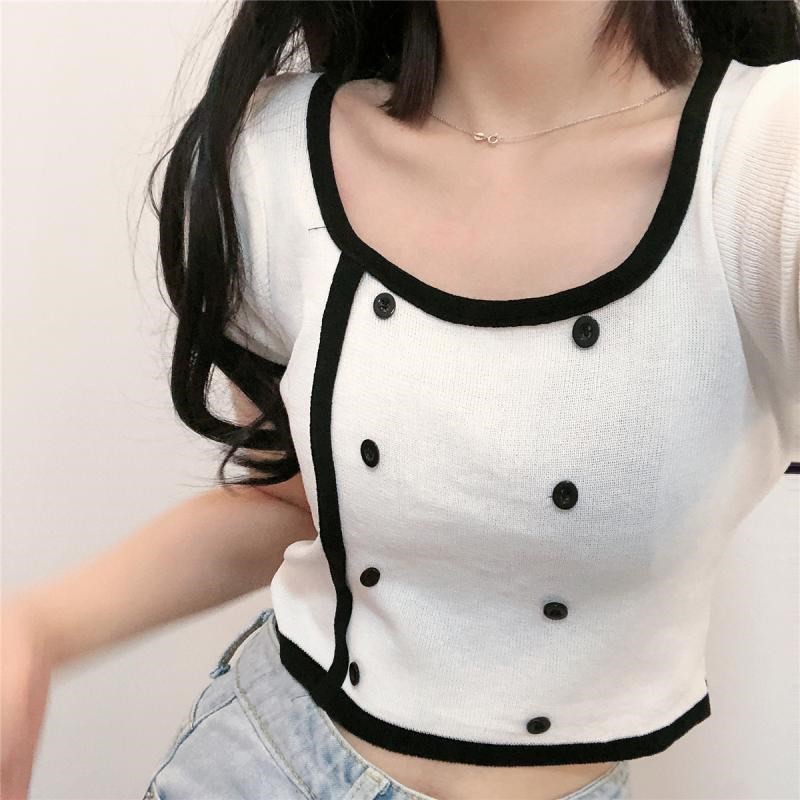 ZASKIYA - Korean Collar Crop Top Button JENNIE Black Pink Rib