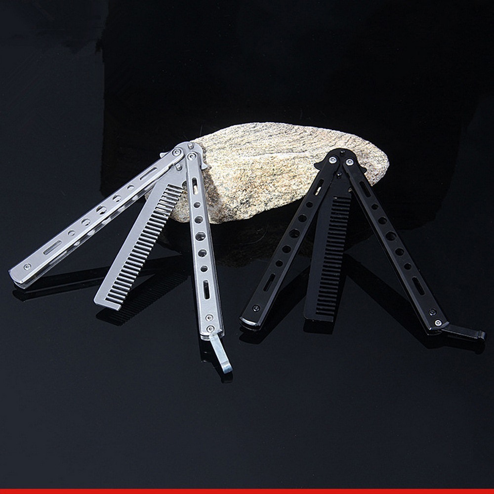 Sisir Laki Laki Sejati Sisir Besi Model Auto Macho Anti Stres Sisir Lipat Besi Sisir Cowok Foldable Comb Stainless Steel Practice Training Butterfly Knife Comb Beard Moustache Brushes Hairdressing Styling Tool Folding