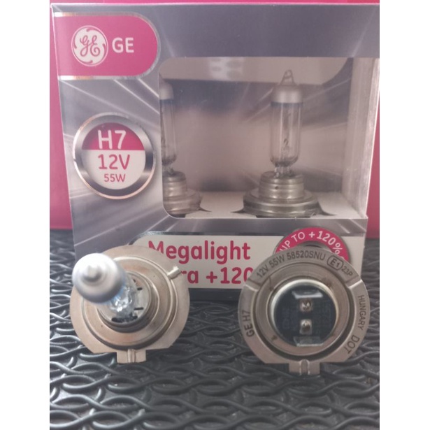 Lampu bohlam halogen GE Megalight Ultra +120 Hungaria H7 12v 55w mobil motor R25 R6 R1 Ninja 250 650