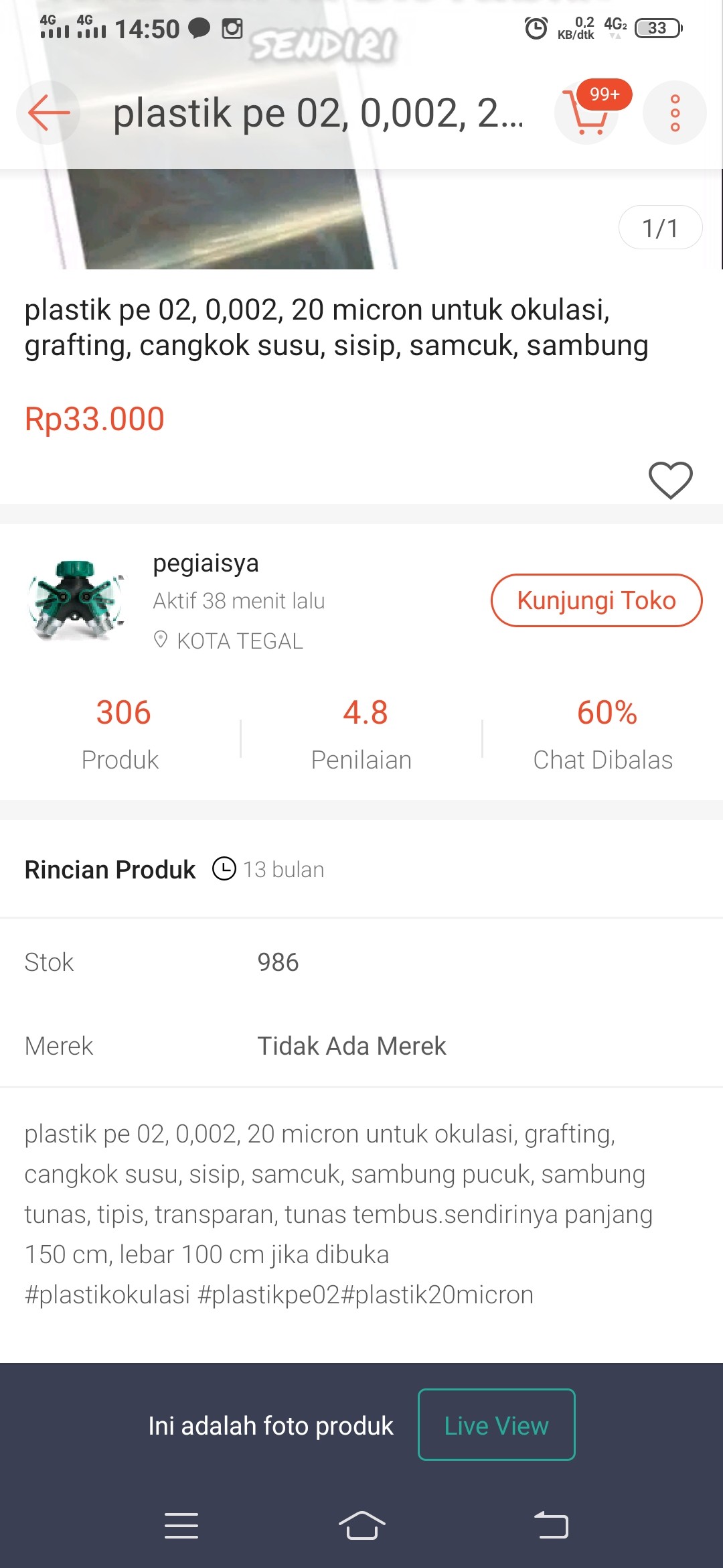 Plastik Pe 02, 0,002, 20 Micron Untuk Okulasi, Grafting, Cangkok Susu, Sisip, Samcuk, Sambung Pucuk,