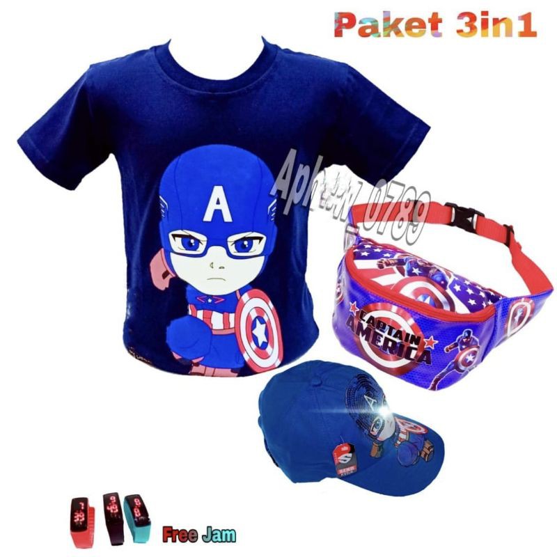 Paket 4in1 Kaos distro Anak Captain Amerika / Free Waistbag Topi LED Dan Jam tangan Digital