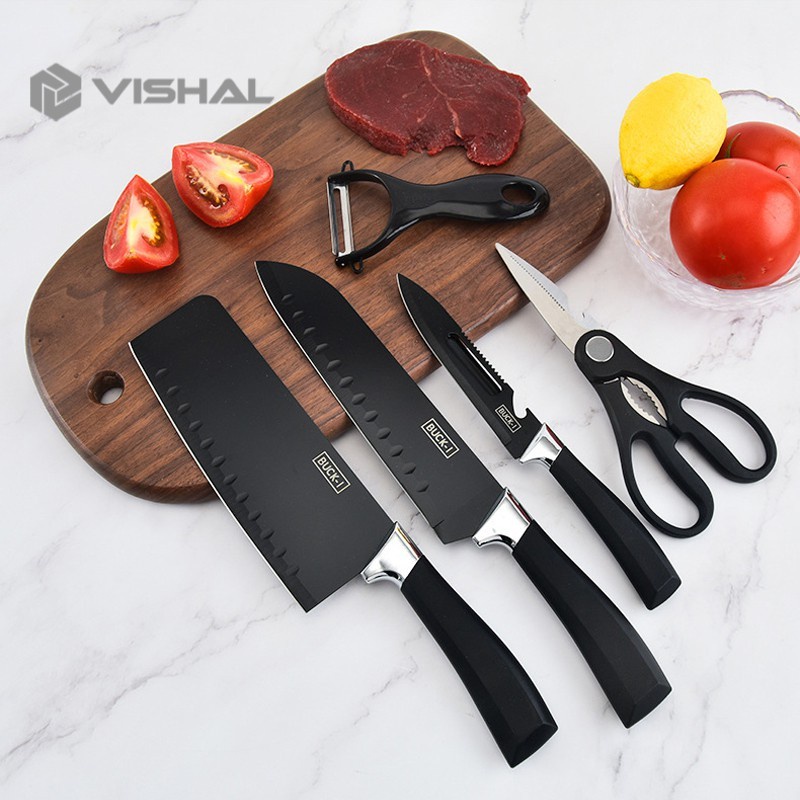 VISHAL Pisau Dapur 1 Set Tajam Hitam Knife Set Pisau Dapur isi 7Pcs Dengan Talenan VS-21