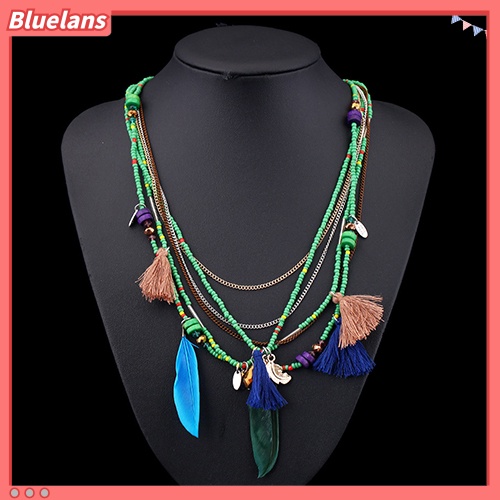 Bluelans Kalung Rantai Multilayer Hias Manik-Manik Bulu Rumbai Gaya Etnik Boho Untuk Wanita