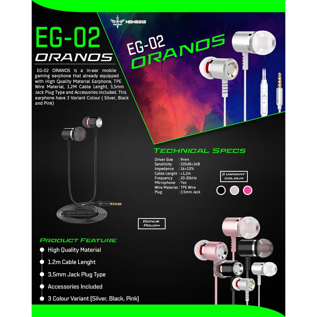 In ear Nyk nemesis mobile stereo Oranos eg-02 - earphone gaming 3.5mm eg02