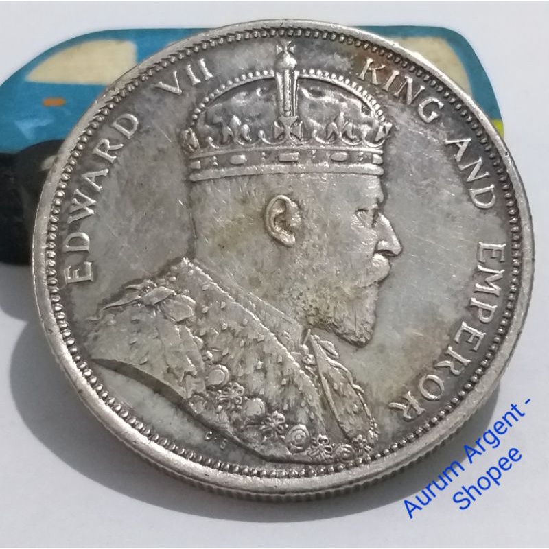 SD.41-- 1 PC KOIN PERAK KUNO ASLI ONE DOLLAR EDWARD VII TH 1904. -- SILVER COIN --