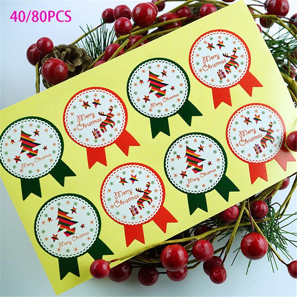 Solighter 40/80PCS Kertas Hadiah Stiker Elk Perlengkapan Pesta Biskuit Festival Dekorasi Sealing Craft Badge Merry Christmas