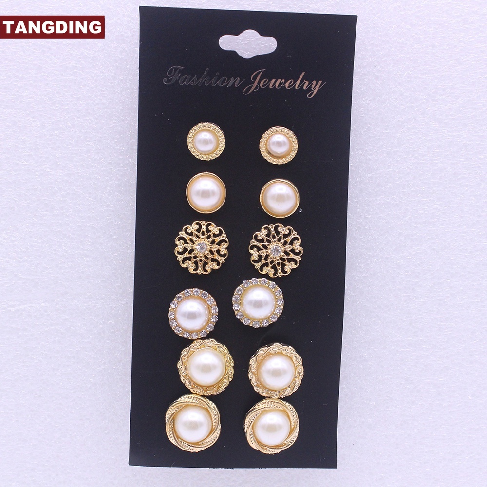 【COD Tangding】6 Pairs Simple Retro Fashion Temperament Ear Stud Fashion Pearl Earrings Set Jewelry Women Accessories