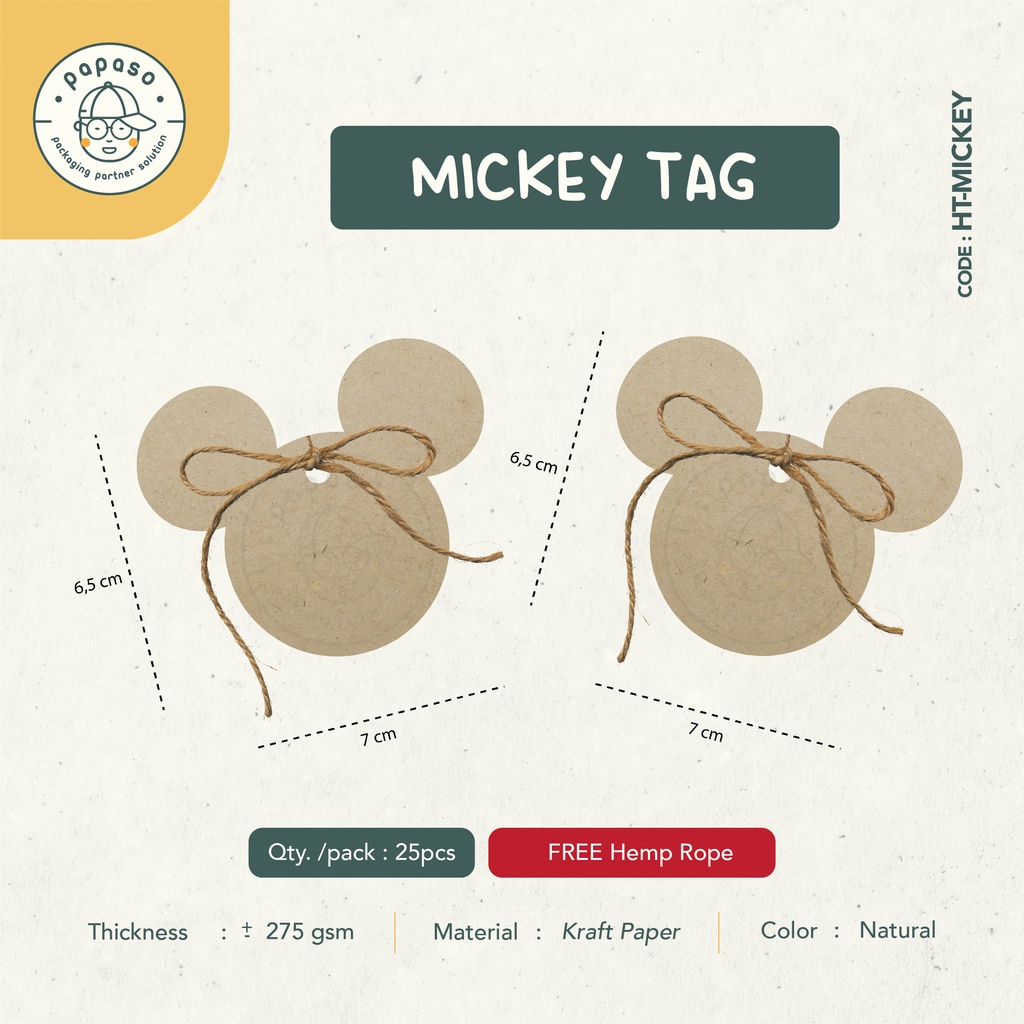 

Mickey Tag / Mickey Mouse/Hang Tag / Kraft Tag / Tali Rami / 7,7x6,5cm