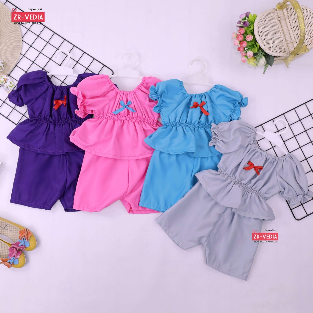 Neisya Set uk Bayi - 2 Tahun / Setelan Lengan Pendek Balon Celana Anak Perempuan Polos Atasan Import ZR Vedia