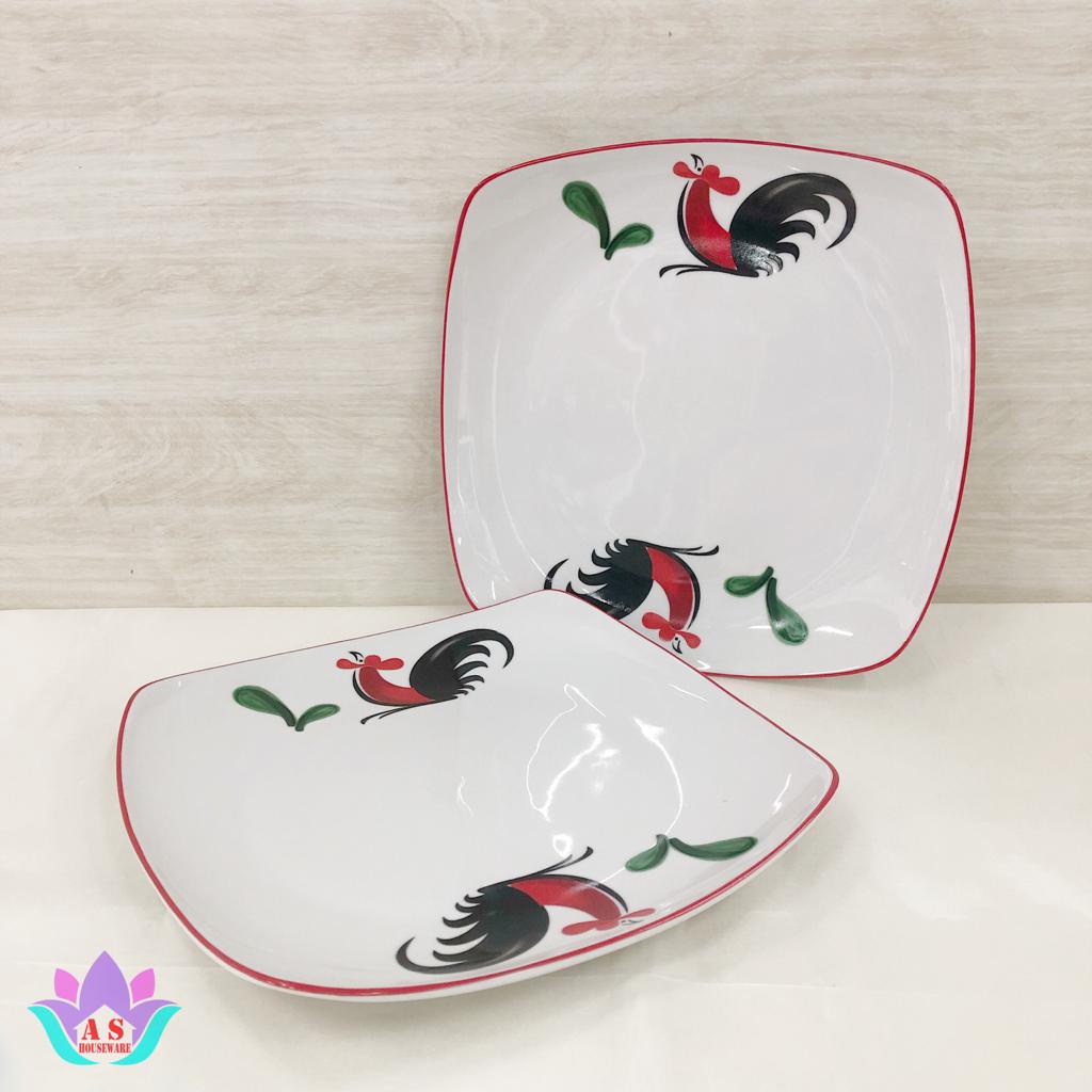 Piring Makan Segi Keramik motif Ayam Kukuruyuk 9 inci Kopin