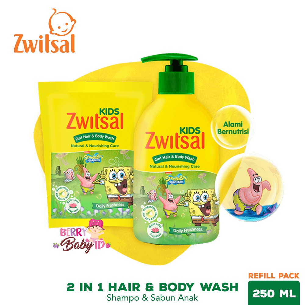 Zwitsal Kids 2in1 Hair &amp; Body Wash Spongebob Sabun &amp; Shampo Anak Refill Berry Mart