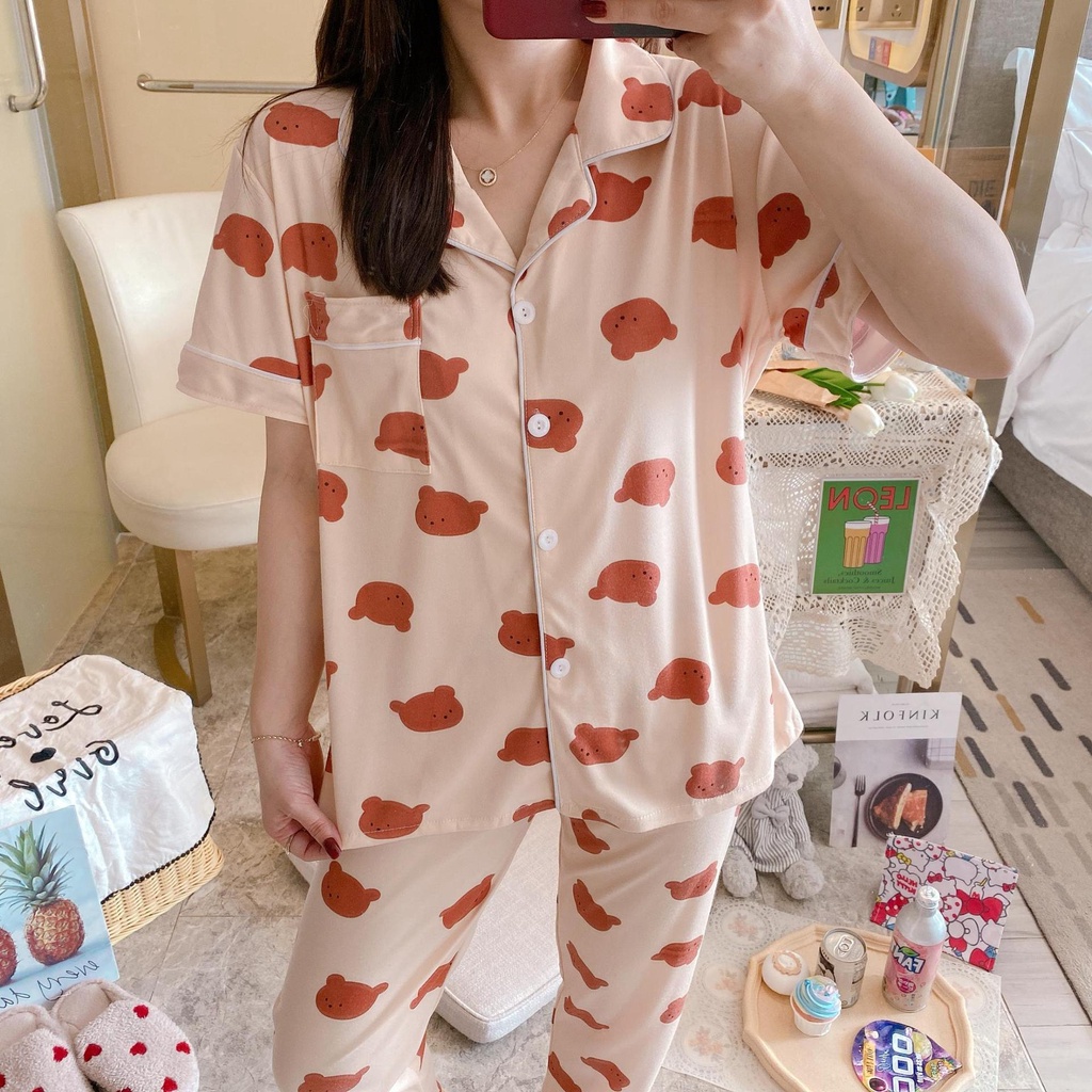 BAJU TIDUR PIYAMA SET KEMEJA CP LENGAN PENDEK CELANA PANJANG IMPORT PREMIUM BANYAK MOTIF 3-BearCream