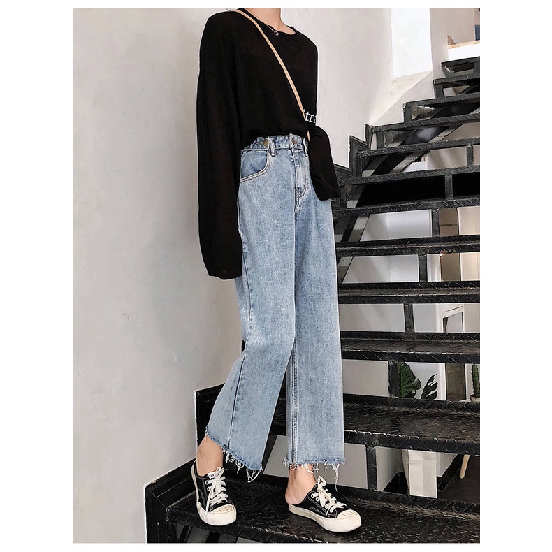 Korean New high waist straight celana jeans panjang wanita