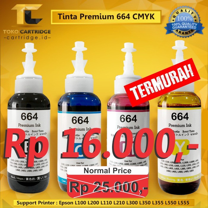 Tinta Premium Ink for Printer Epson pengganti 664 T6641 T6642 T6643 T6644 Refill Isi Ulang Botol 100ml l120 L121 L200 L210 L220 L300 l310 L350 L360 L355 L365 l380 L385 L405 L485 L550 L555 L565 black cyan magenta yellow Black Color Warna Hitam