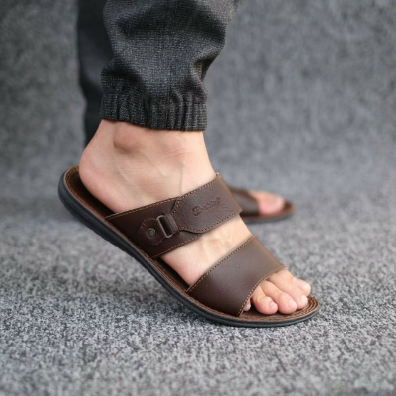 BRLN 005 Brown Sandal Pria Original Full Kulit Asli Sapi Sendal Slide Slop Selop Casual Formal