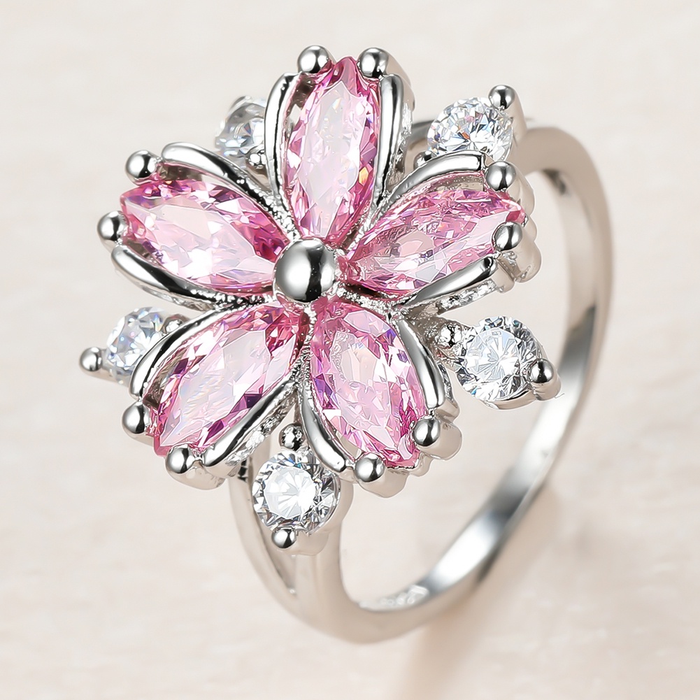 Cincin Wanita Desain Bunga Hias Batu Kristal Zircon Warna Pink Untuk Pernikahan