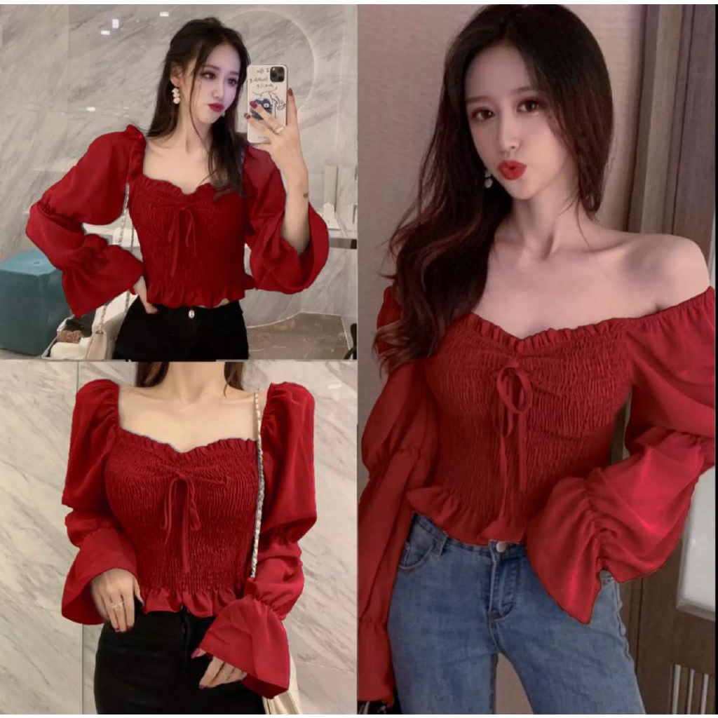 Toply shop Blouse Sabrina top ester / Top sabrina Blouse wanita semok