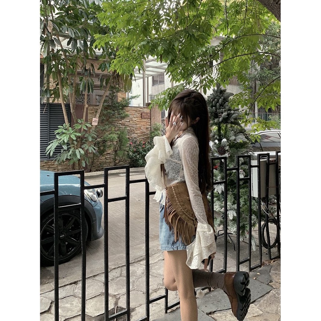 Red wanita 2022 design sense ruffled lace kemeja wanita musim semi slim fit irregular niche kemeja top