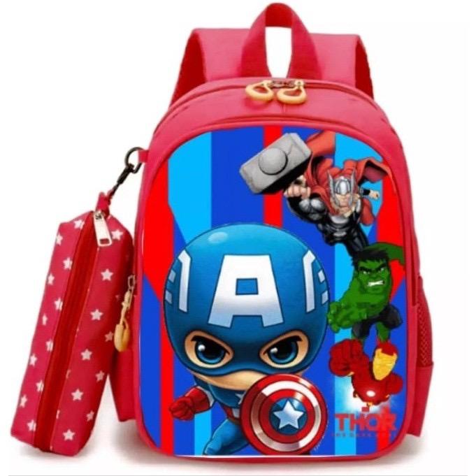 FREE KOTAK PENSIL 2 IN 1 TAS BACKPACK RANSEL MURAH KARAKTER CAPTAIN AMERICA SEKOLAH TK SD ANAK ANAK 