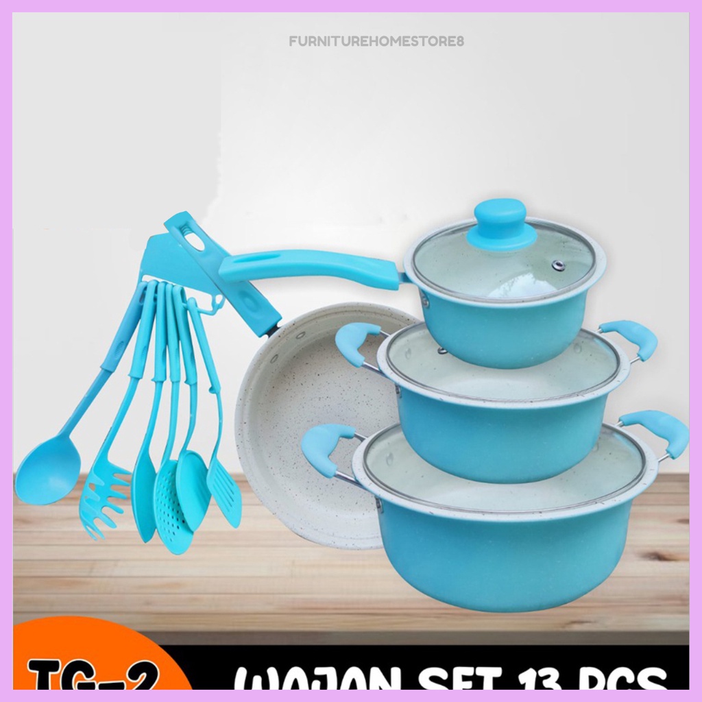 Panci Set Teflon Marble 13 Pcs Berwarna Cookware Set Tutup Kaca Free Spatula 6 Pcs Plastik