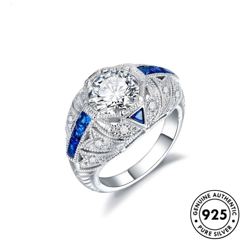 Cincin Berlian Biru Bahan S925 Silver Gaya Elegan