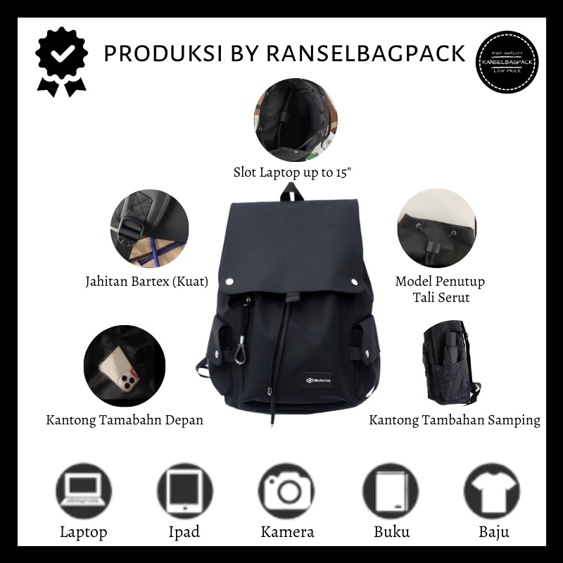 Tas Ransel Backpack Kanvas Laptop 14 inch Korea Kekinian Pria Wanita Cewek Cowok - RBP 006