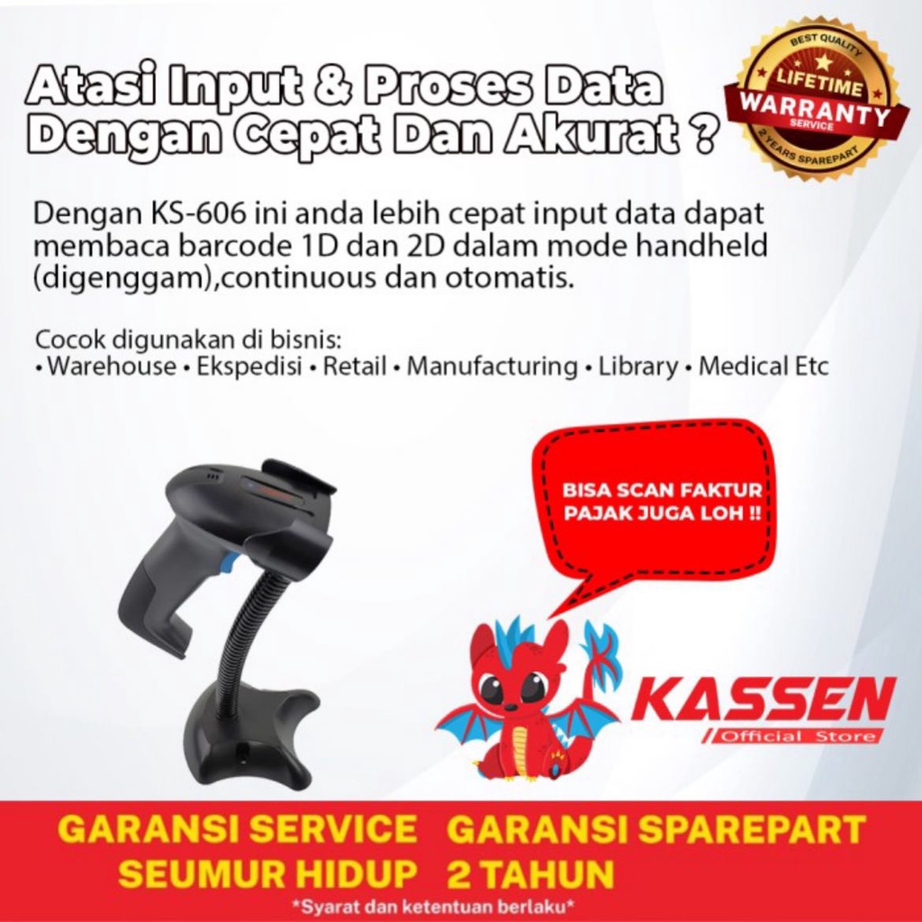 Barcode Scanner Bluetooth 2D KASSEN KS-606 KS606 WITH STAND and Dongle