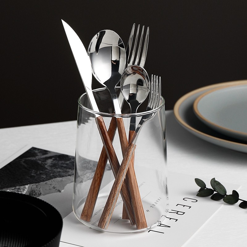 CUTLERY SET PAKET LENGKAP SENDOK GARPU PISAU STAINLESS STEEL GAGANG KAYU KOREA WOOD GRAIN HANDLE KAYU SET SPOON FORK KNIFE