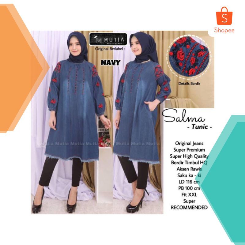 2 Grosir [BEST SELLER] Jual Tunik Jeans HQ Fashion Muslim Bordir Harga Terjangkau Bawah Rawis XXL