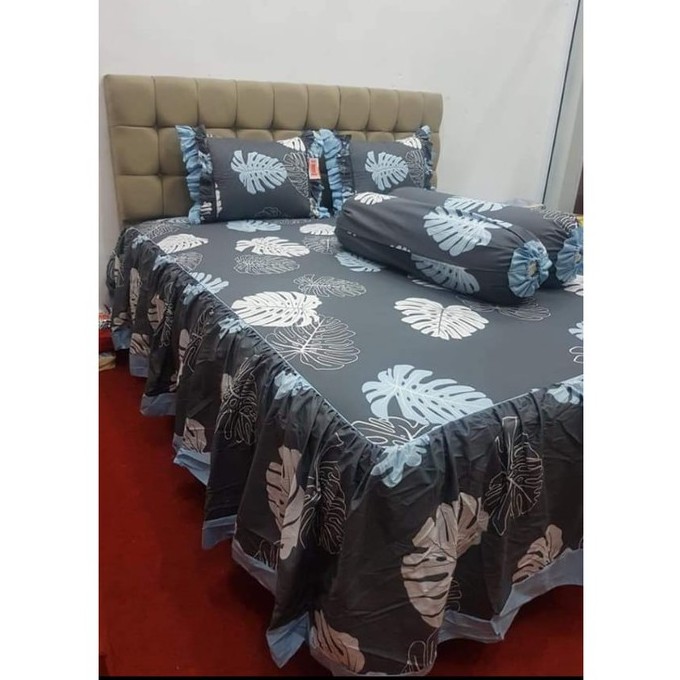 Sprei Rumbai Motif Daun Abu2 Katun Lokal Premium