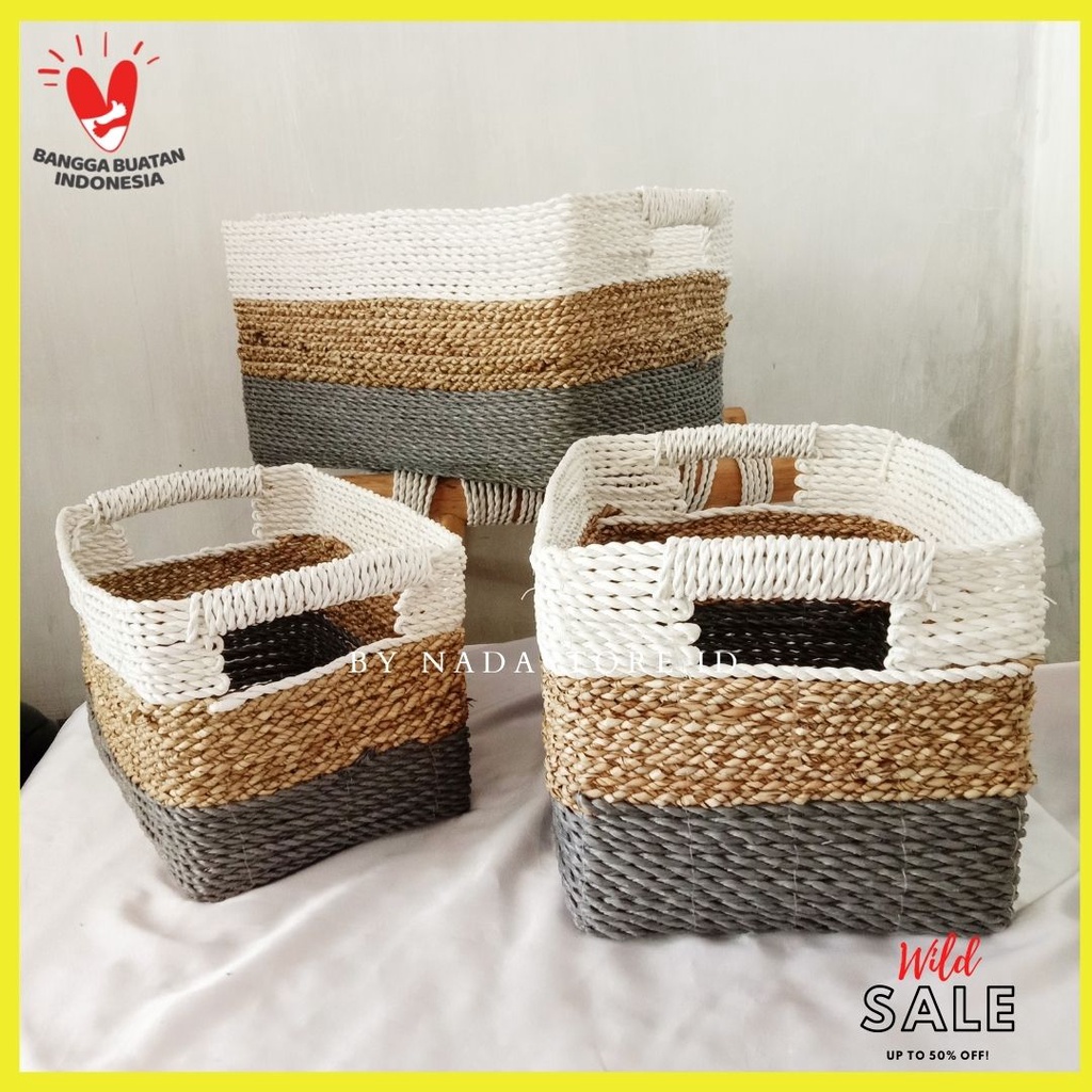 KERANJANG SEAGRASS / BOX SEAGRASS HANDLE NATURAL PUTIH / STORAGE BOX MULTIFUNGTION / HAMPERS BOX / KOTAK KADO