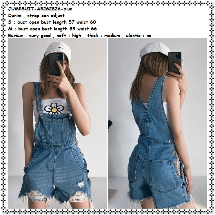 AB262826 Overall Baju Kodok Jumpsuit Jumsuit Celana Pendek Ripped Jeans Denim Wanita Korea Import