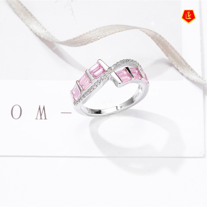 [Ready Stock]Creative Inlaid Square Diamond Pink Crystal Ring Female Fashion