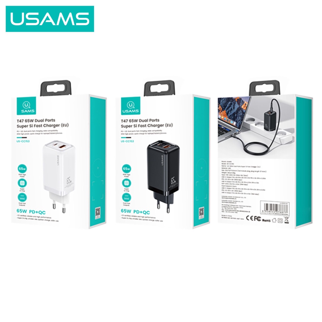 USAMS T47 Adaptor Kepala Charger Super Si Fast Charger Dual Port 65W
