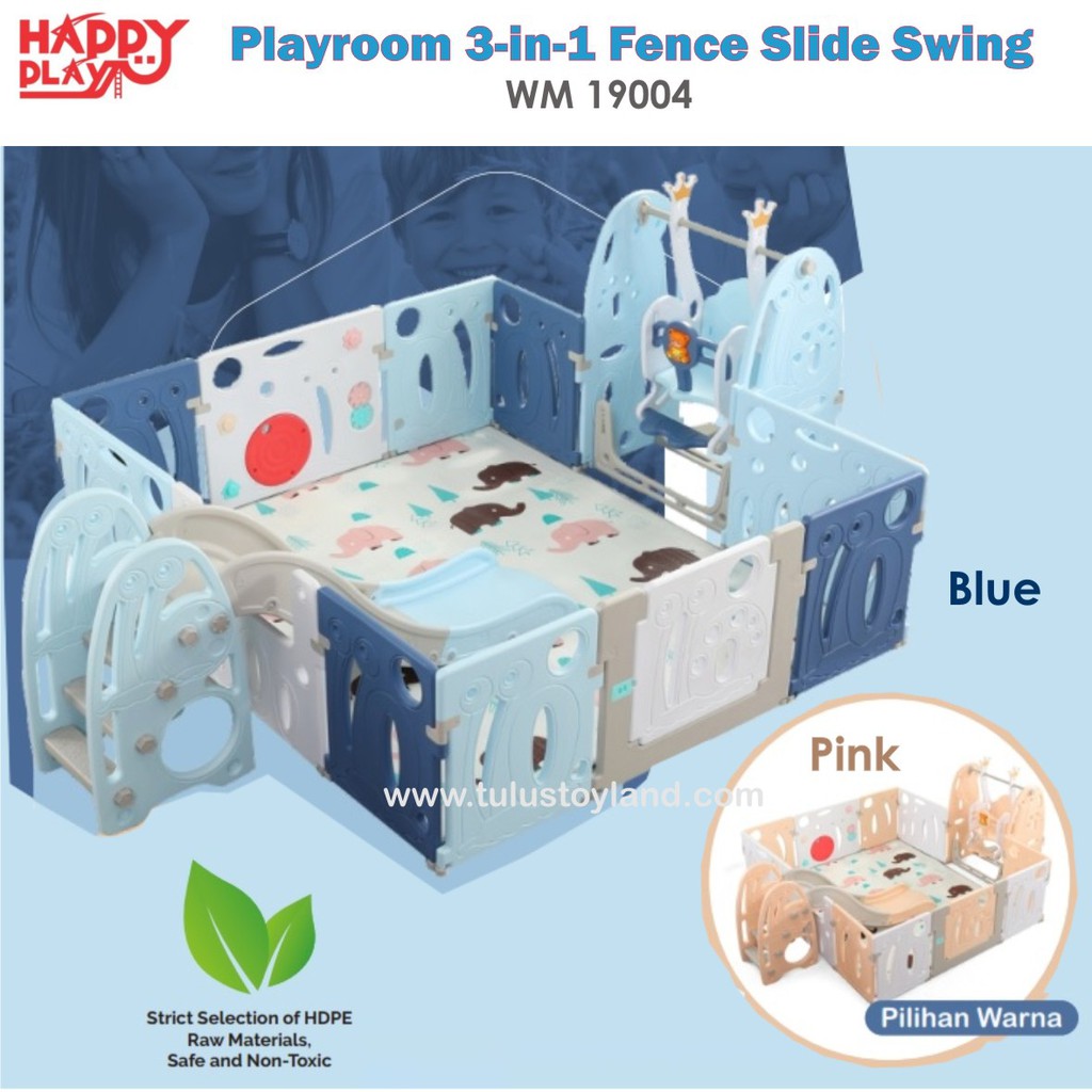 Pagar Bayi Perosotan Happy Play Playroom 3 in 1 Fence Slide Swing 3in1 Ayunan Anak WM 19004 Mainan