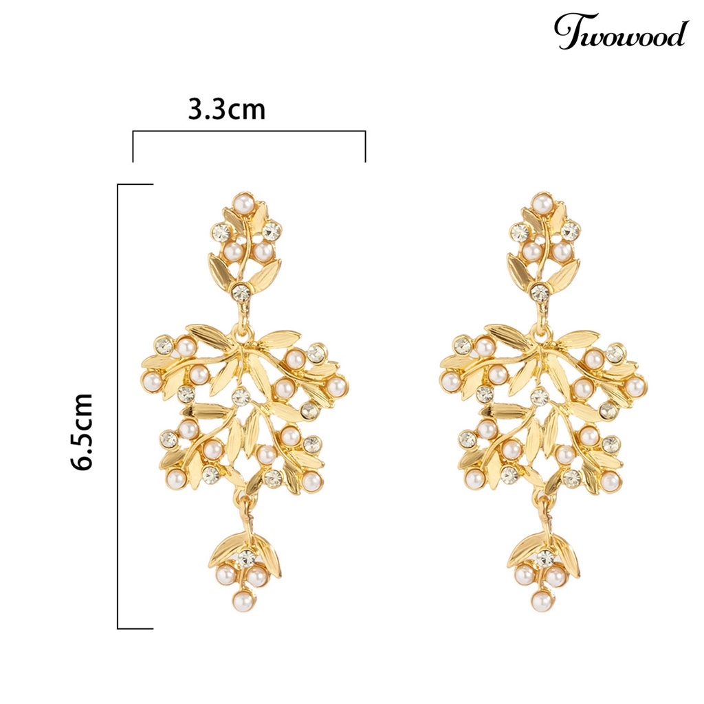 Twowood 1 Pair Big Leaves Shape Stud Earrings Hollow Alloy Faux Pearl Rhinestone Women Earrings Wedding Jewelry