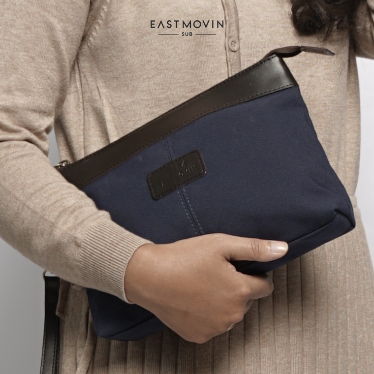Tas Tangan Handbag Clutch Eastmovin Oliver Pouch Cewek Cowok Biru Navy Kanvas TEBAL Kulit ASLI