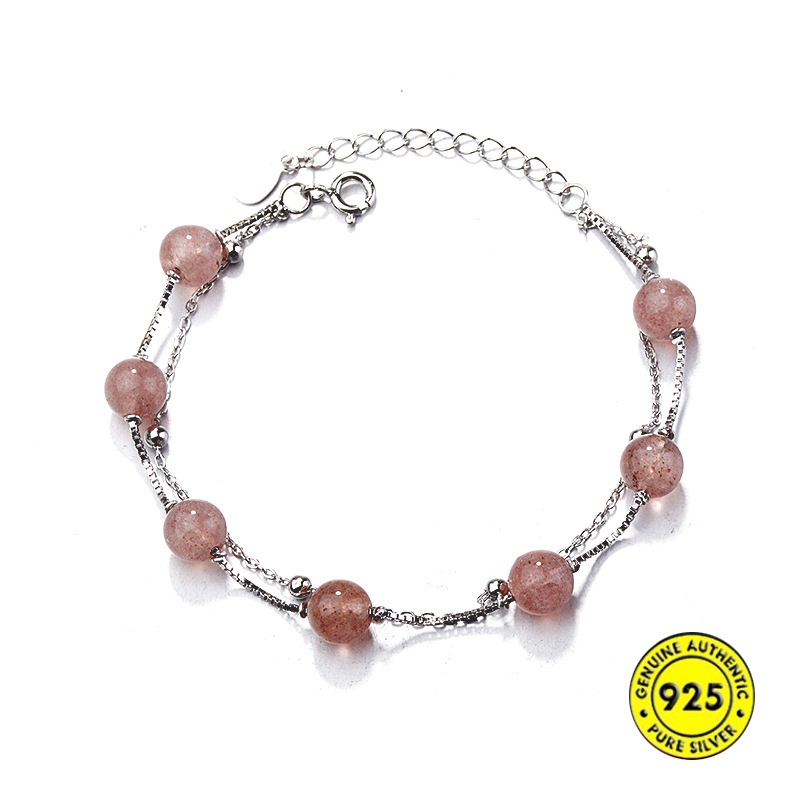 Gelang Lapis Ganda Bahan S925 Silver Aksen Batu Kristal Warna Pink Strawberry Untuk Wanita