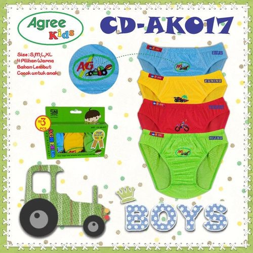 1 Box 3 Pcs Celana Dalam Agree Kids 017 - CD Anak Laki Laki - Kotak Hijau - Random Warna