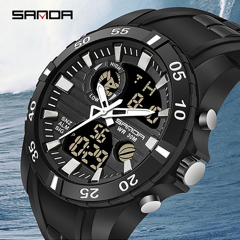 2019 Sanda 791 Red Black Men Sports Watches Waterproof LED