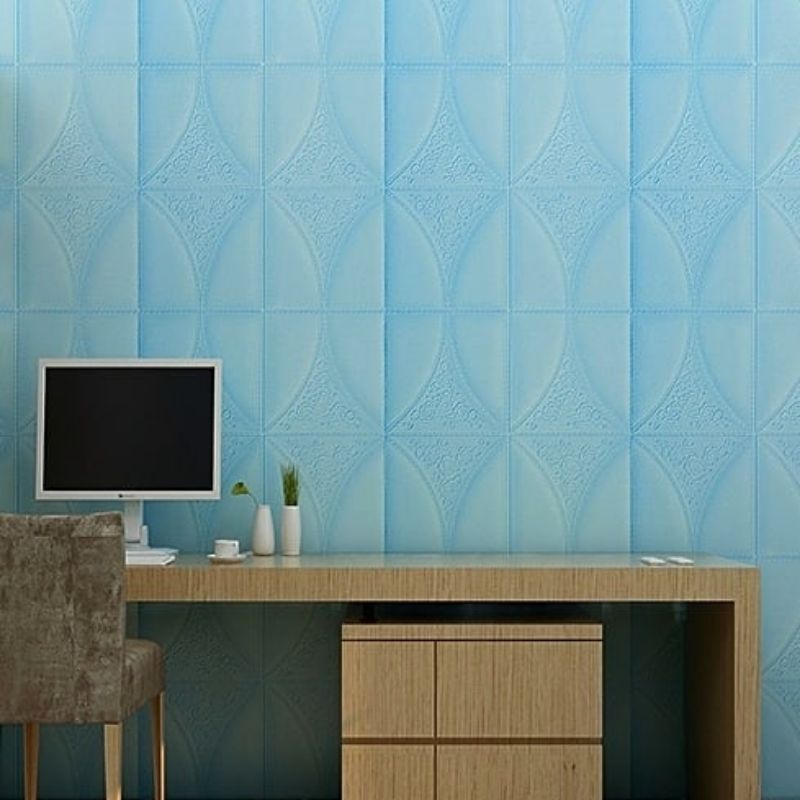 wallpaper sticker foam premium permukaan timbul motif batik oval biru